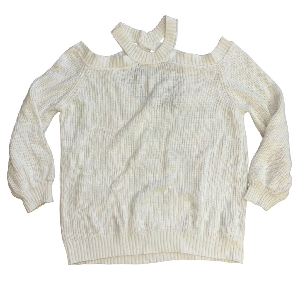 Vici White Cold Shoulder Knit Sweater Women’s Medium Cozy Fall Autumn Cutout